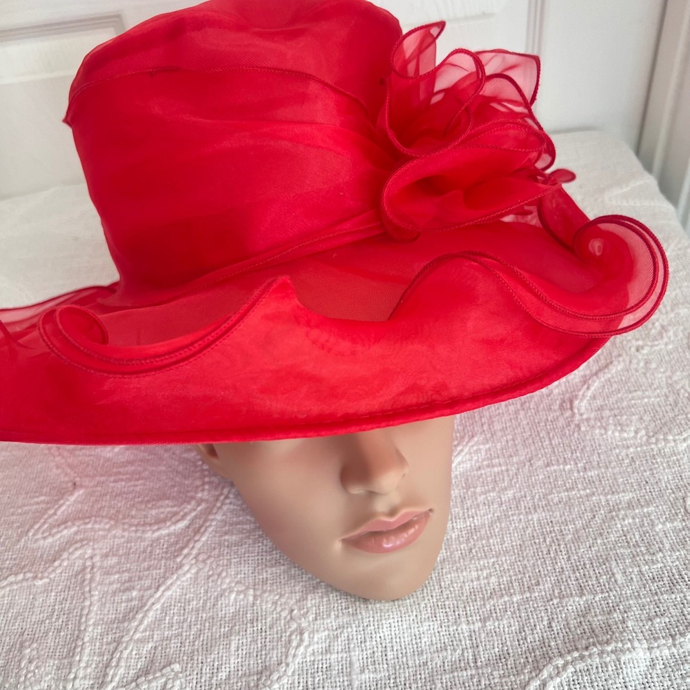 Fancy Red Organza Wide Brim Hat Women 57cm Wavy Floral Red Kentucky Derby Church